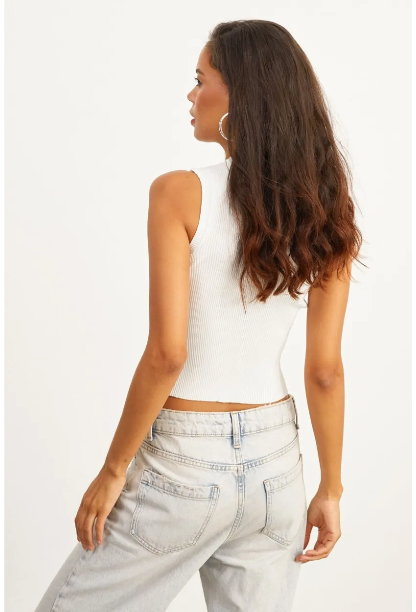 Kadın Beyaz Bisiklet Yaka Triko Bluz YV91