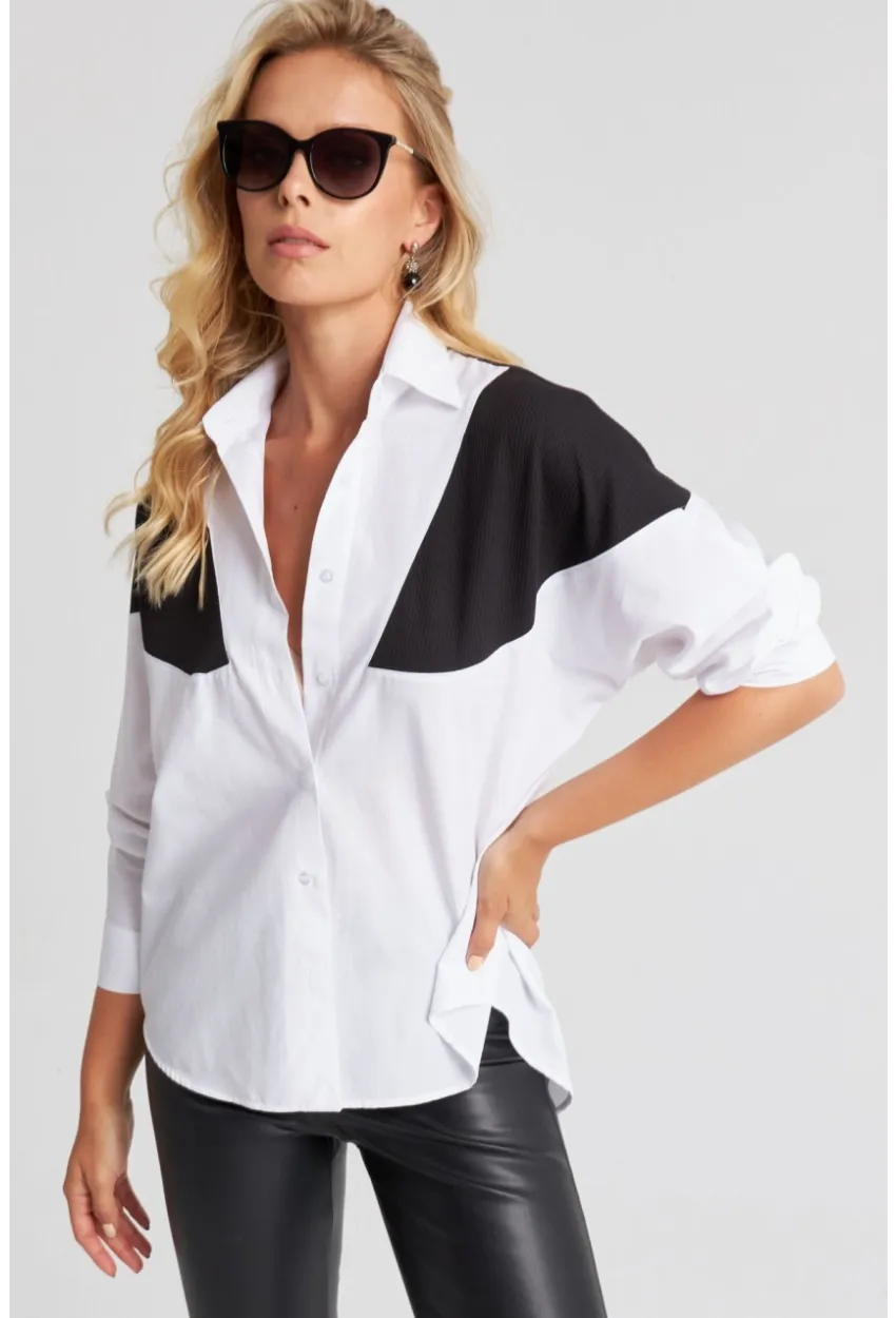 Kadın Beyaz Bloklu Gömlek ROT1005