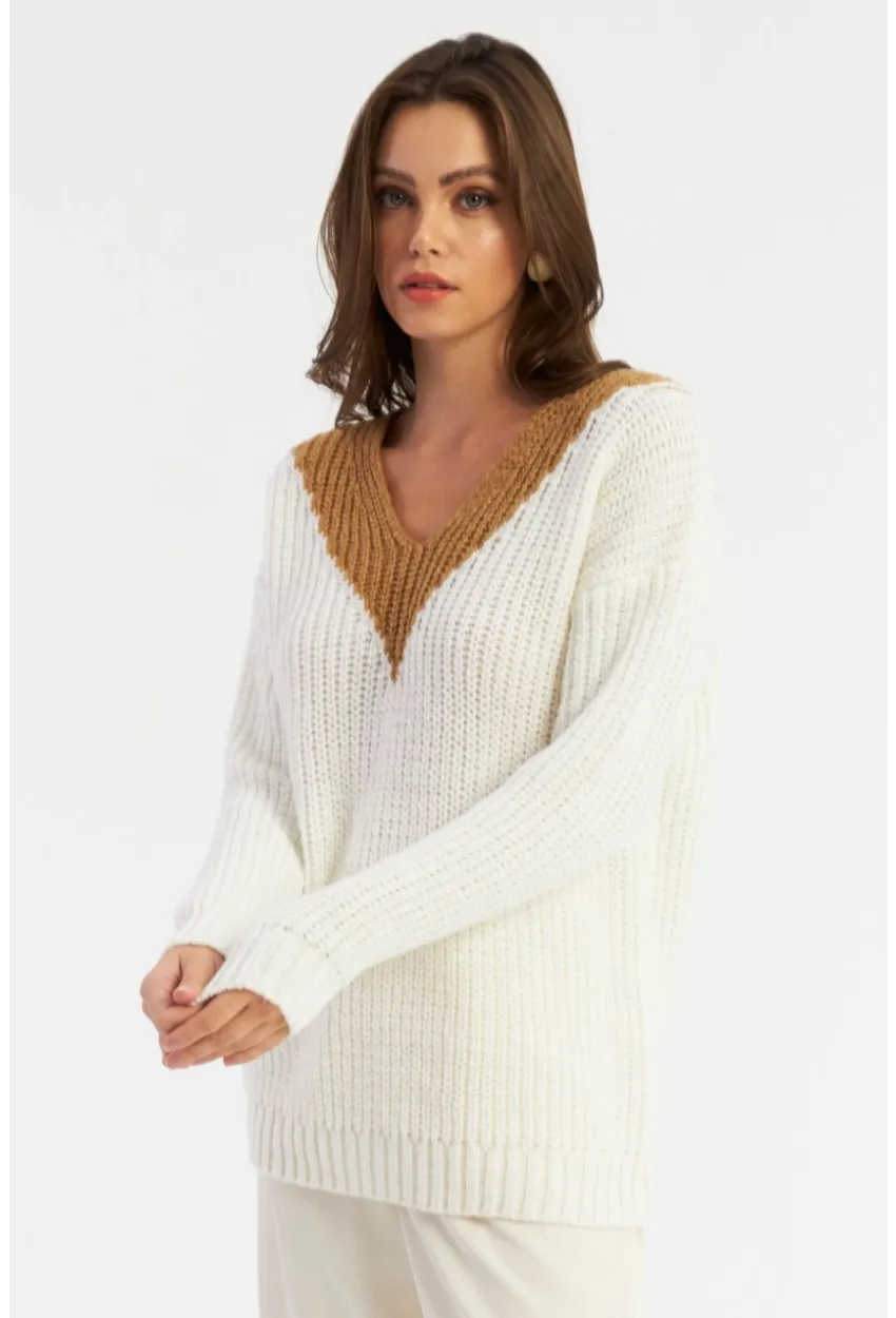 Kadın Beyaz-Camel V Yaka Triko Kazak SMT2434