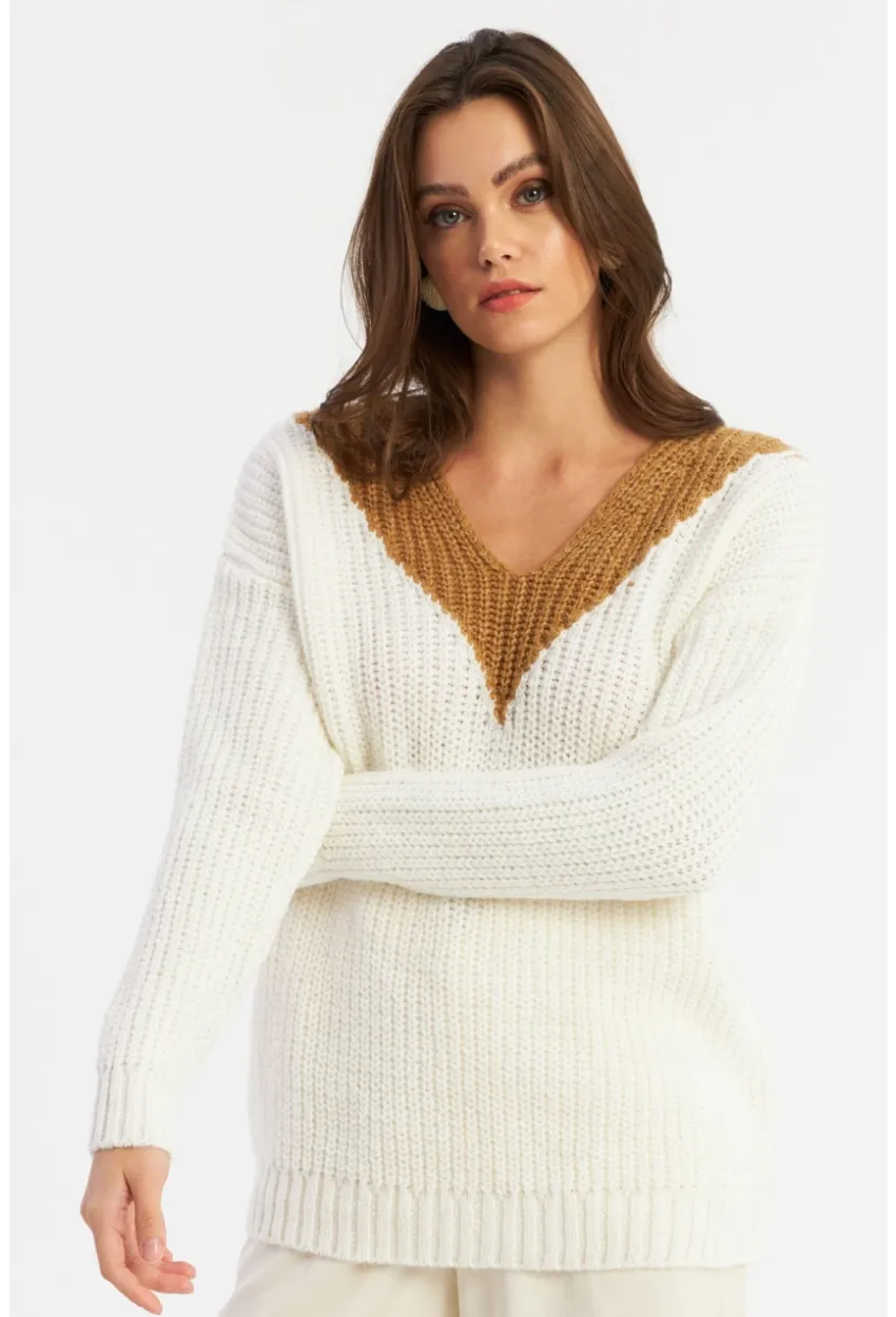 Kadın Beyaz-Camel V Yaka Triko Kazak SMT2434