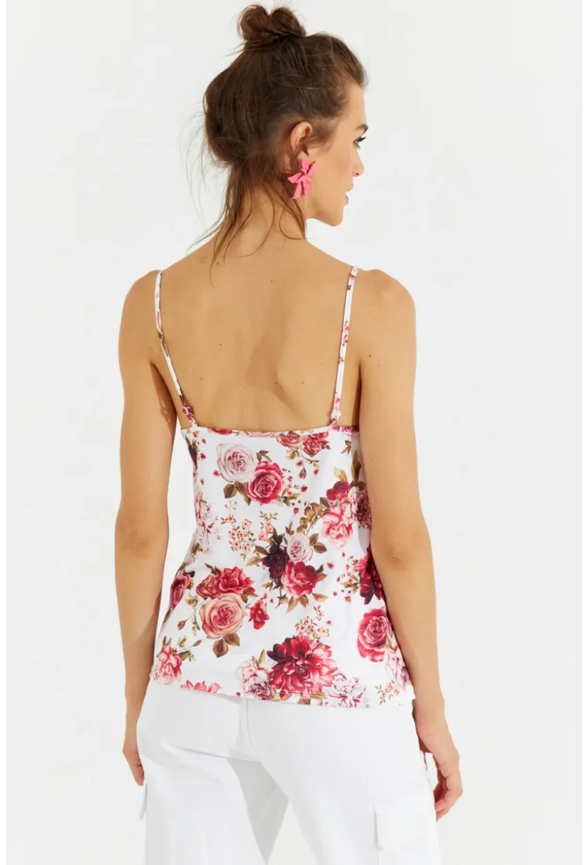 Kadın Beyaz Dantelli Askılı Çiçekli Bluz LPP1227