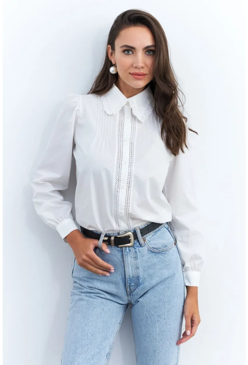 Kadın Beyaz Dantelli Balon Kol Gömlek MQS2492