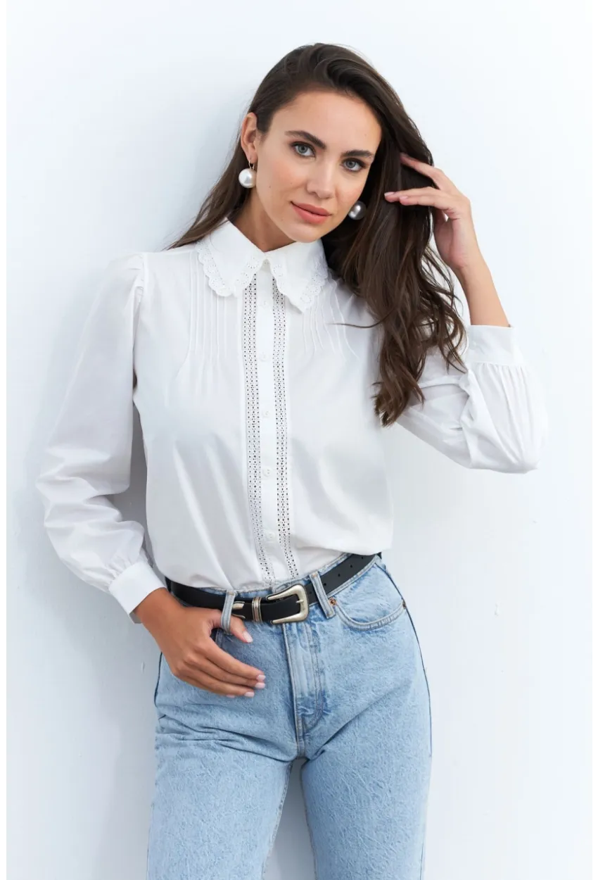 Kadın Beyaz Dantelli Balon Kol Gömlek MQS2492