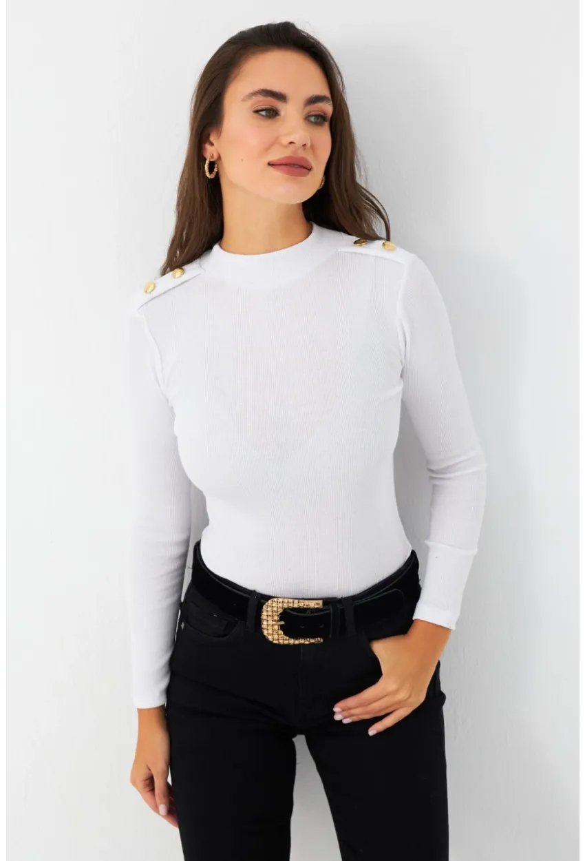 Kadın Beyaz Düğme Detaylı Bluz MAYD14