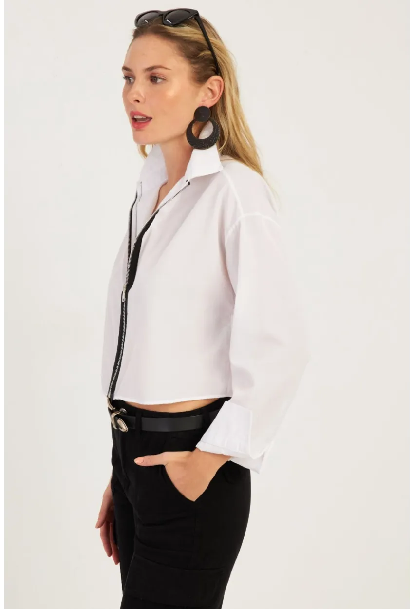 Kadın Beyaz Fermuarlı Kısa Gömlek SF2541
