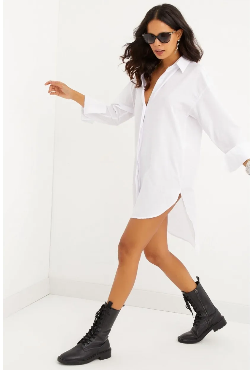 Kadın Beyaz Gizli Düğmeli Tunik Gömlek Elbise SF1292