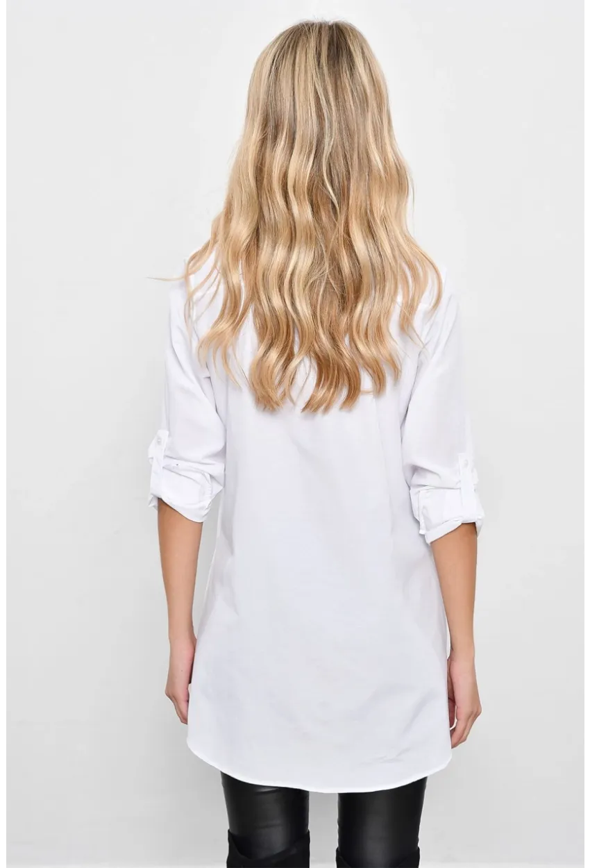 Kadın Beyaz Gizli Düğmeli Uzun Gömlek SF2001