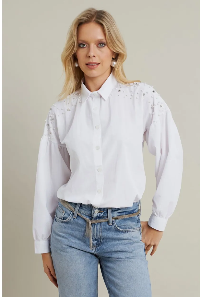 Kadın Beyaz İncili Balon Kol Gömlek MASF16