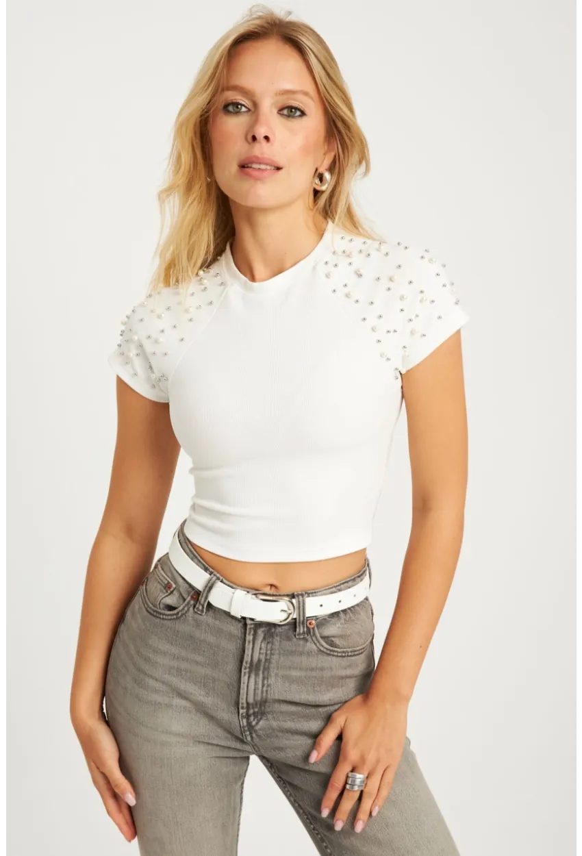 Kadın Beyaz İncili Kısa Bluz HOL2112