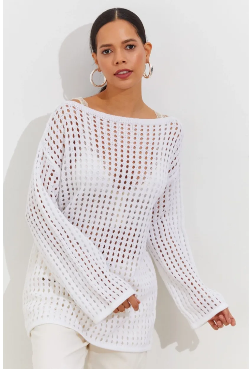 Kadın Beyaz İspanyol Kol Ajurlu Triko Uzun Bluz SMT198