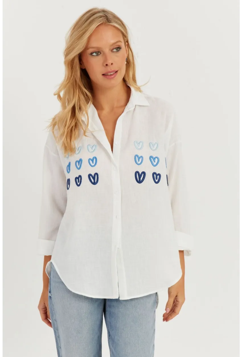 Kadın Beyaz Kalp Nakışlı Gömlek PP5391