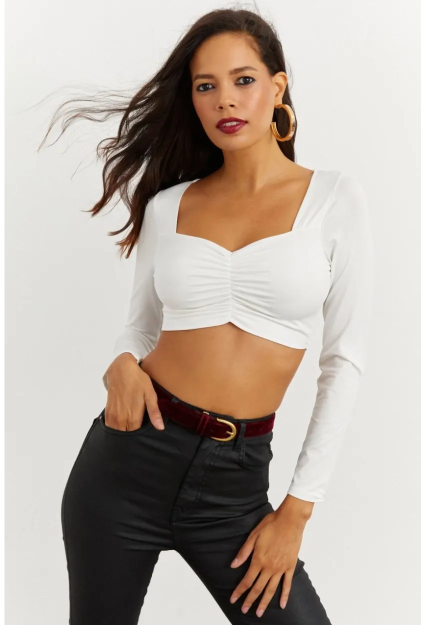 Kadın Beyaz Kalp Yaka Crop Bluz CG260