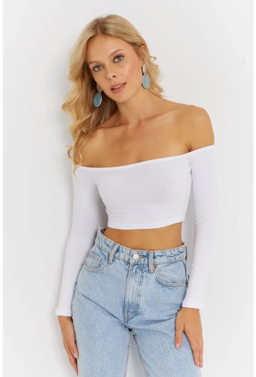 Kadın Beyaz Kare Yaka Crop Bluz CG364