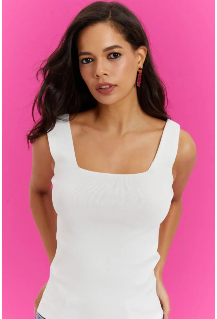 Kadın Beyaz Kare Yaka Triko Bluz YV80