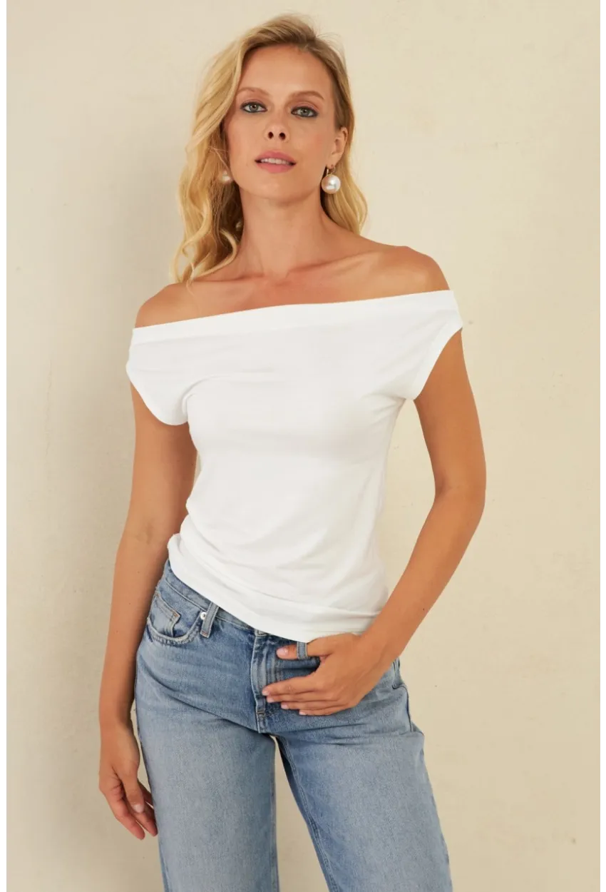 Kadın Beyaz Kayık Yaka Bluz LPP1288