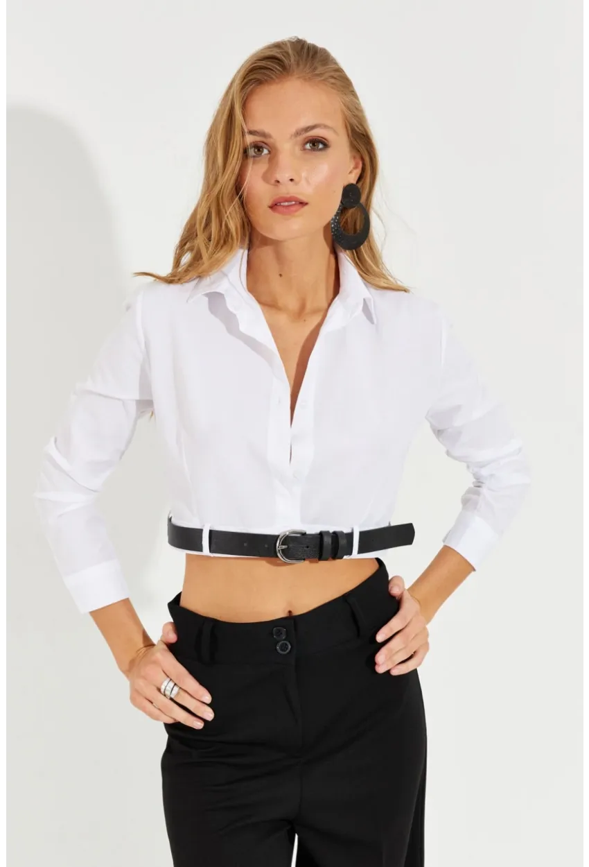 Kadın Beyaz Kemerli Kısa Gömlek MEN2017