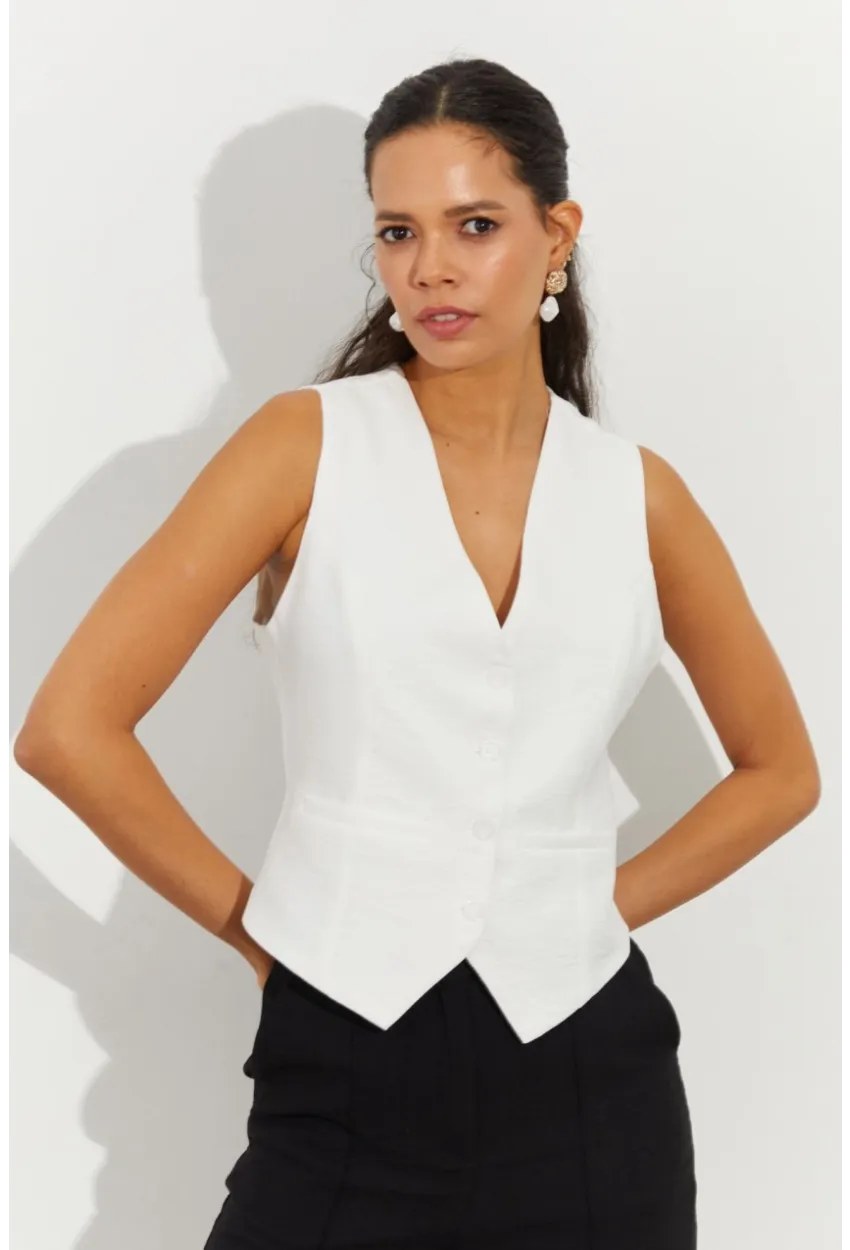 Kadın Beyaz Keten Astarlı Yelek TW60046