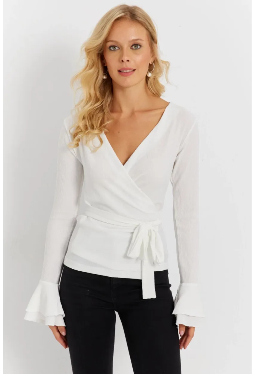 Kadın Beyaz Kruvaze Bürümcük Bluz EY2866