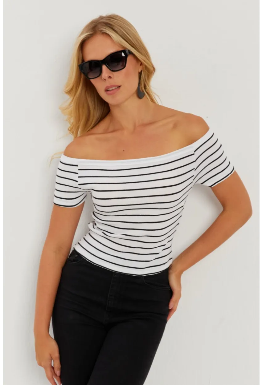 Kadın Beyaz Madonna Yaka Çizgili Kaşkorse Bluz AYD311