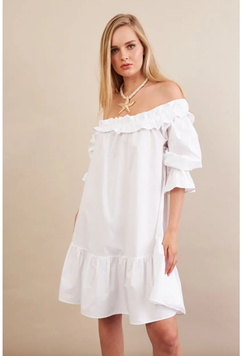 Kadın Beyaz Madonna Yaka Midi Elbise PSG1012
