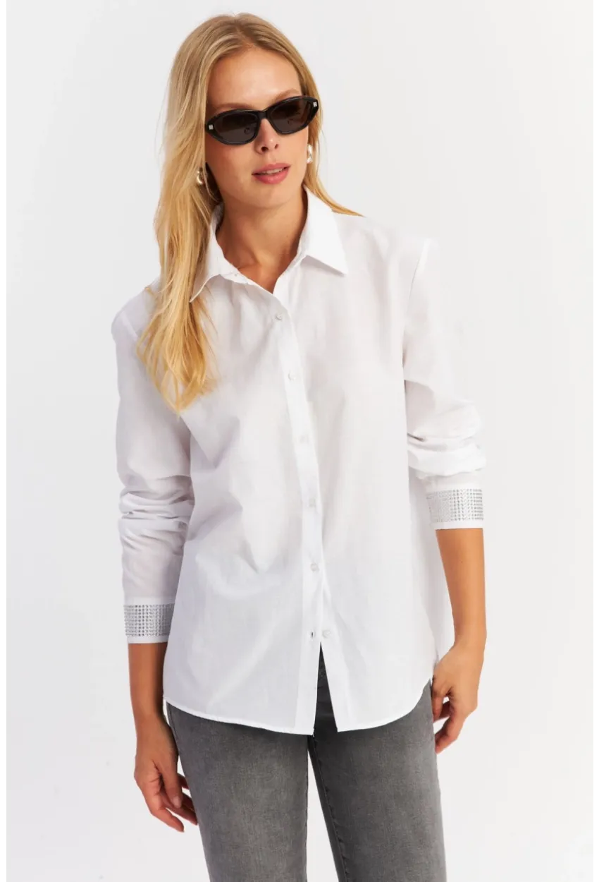 Kadın Beyaz Manşeti Taşlı Gömlek MZER415