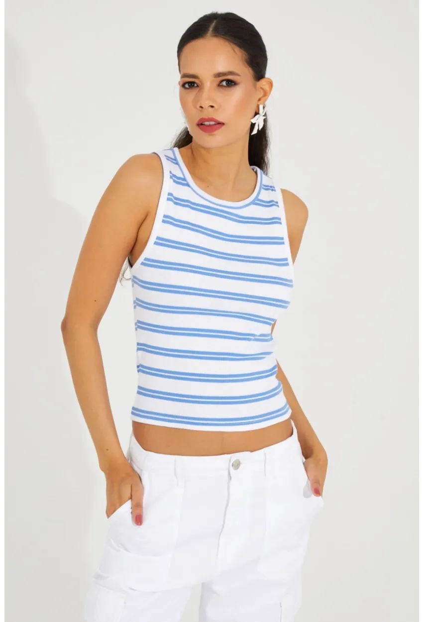 Kadın Beyaz-Mavi Çizgili Kaşkorse Bluz TSC126