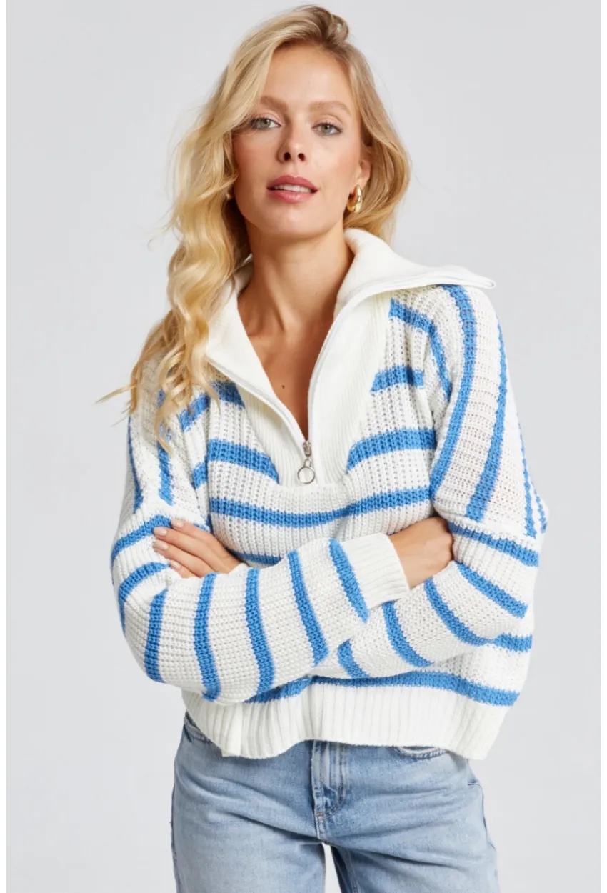 Kadın Beyaz-Mavi Fermuarlı Çizgili Kazak MSS133