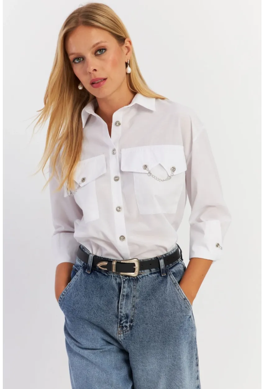 Kadın Beyaz Metal Detaylı Gömlek ASF13
