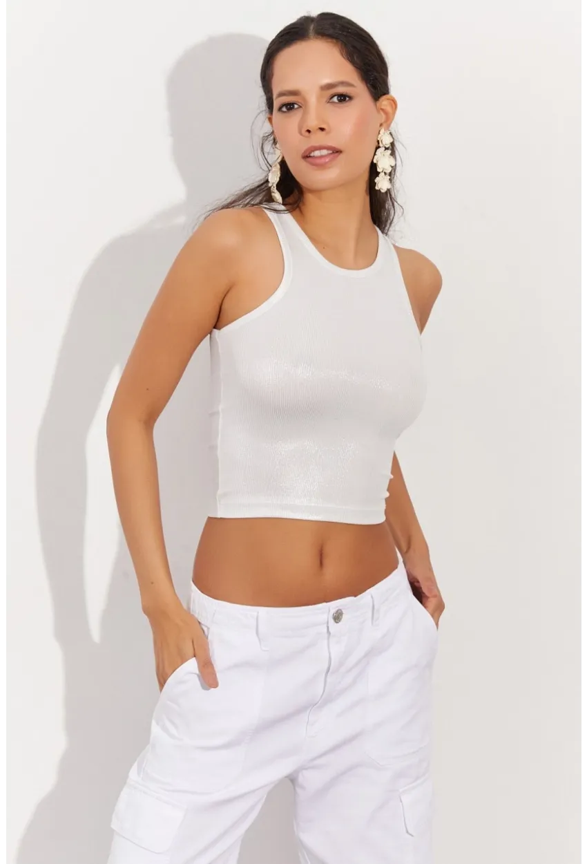 Kadın Beyaz Metalik Crop Bluz LPP1218