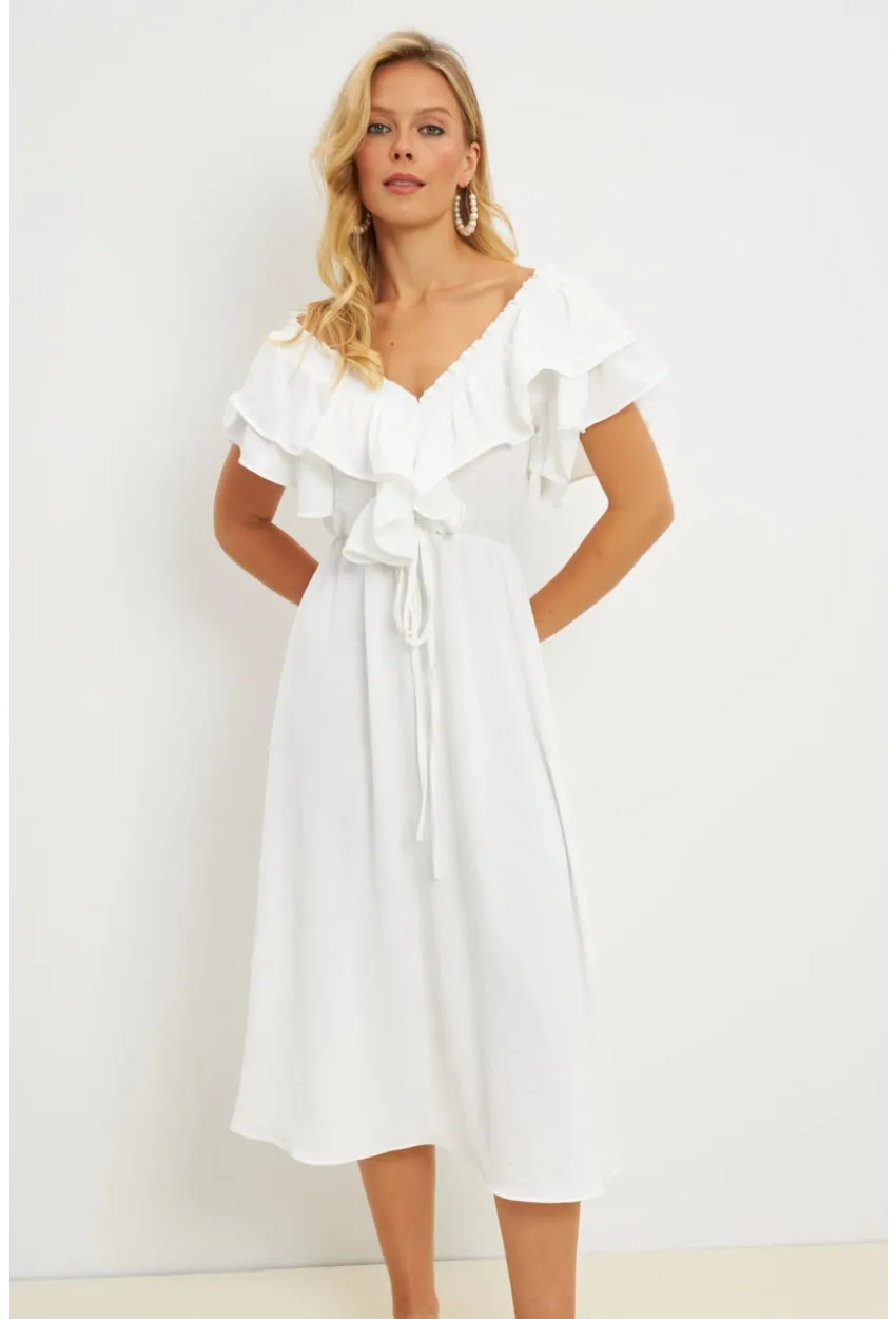 Kadın Beyaz Ön Arka V Volanlı Elbise KS113