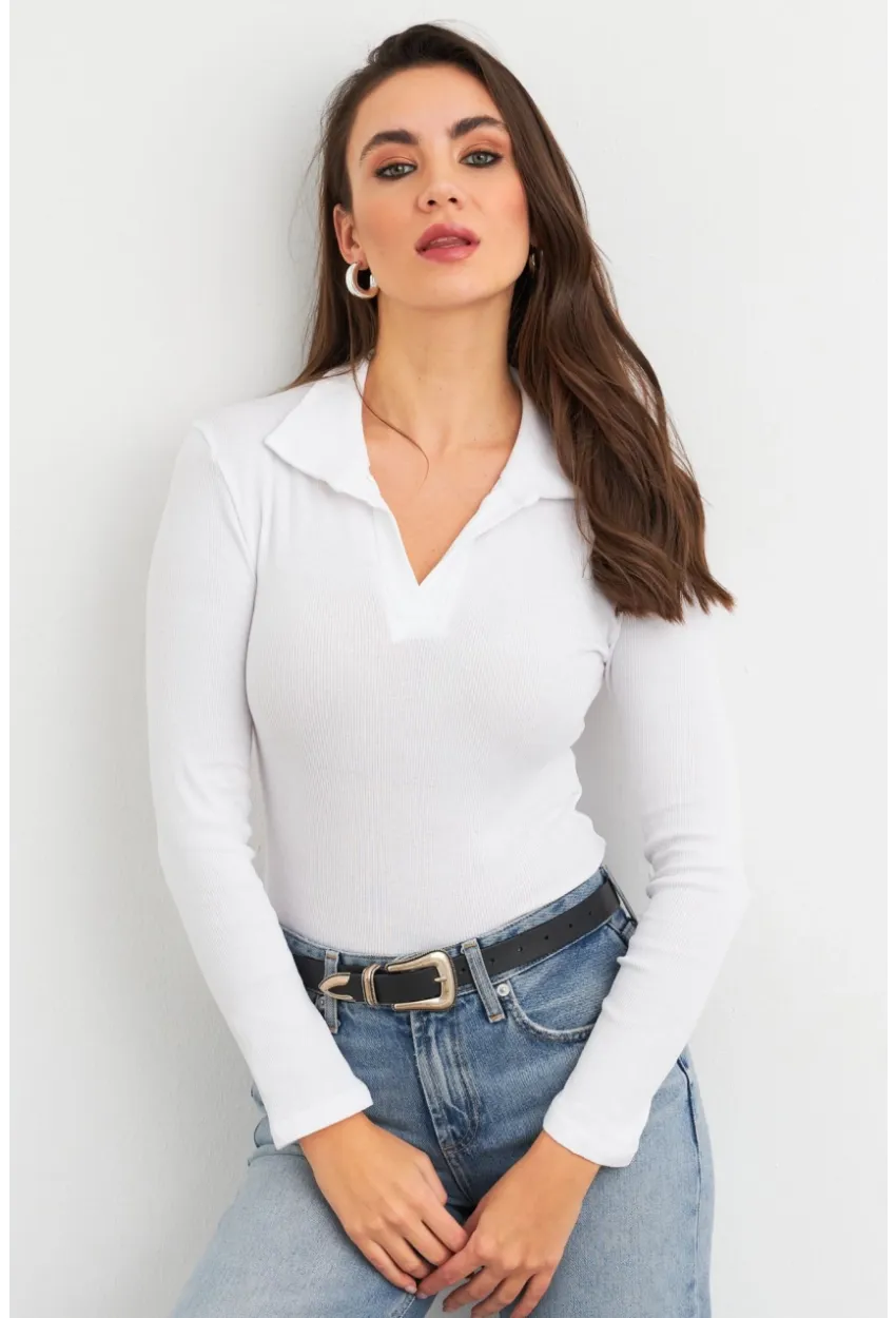 Kadın Beyaz Polo Yaka Kaşkorse Bluz LON3006