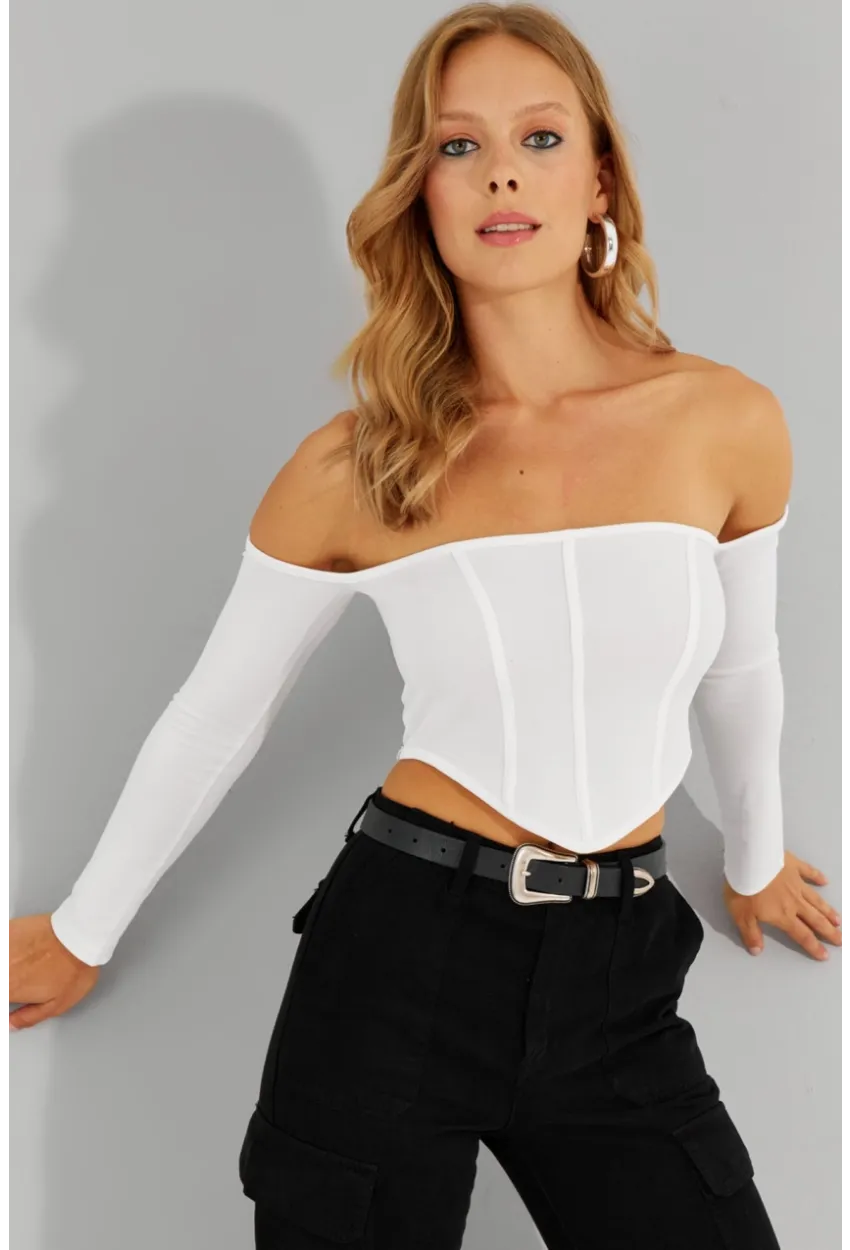 Kadın Beyaz Sırt Fermuarlı Crop Bluz CG312