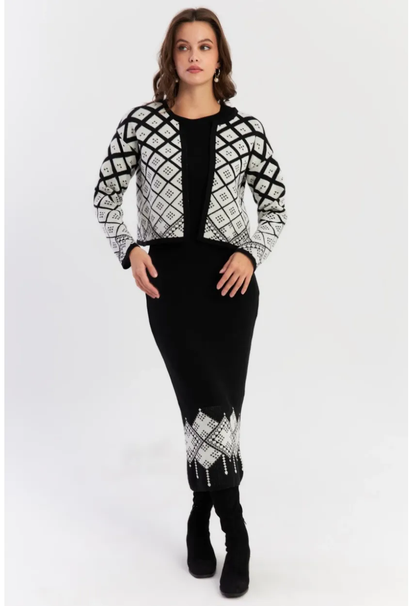 Kadın Beyaz-Siyah Desenli İkili Triko Takım NUV42