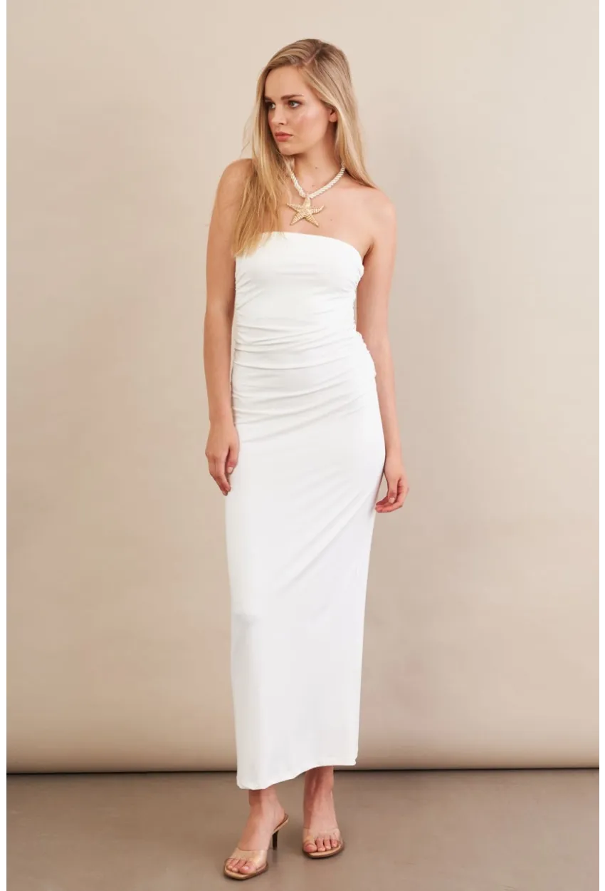 Kadın Beyaz Straplez Büzgülü Midi Elbise MX2005