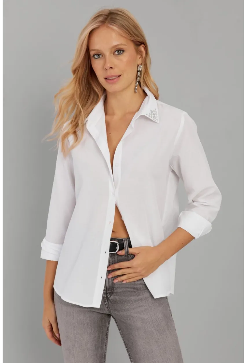 Kadın Beyaz Taş Detaylı Gömlek ZER402