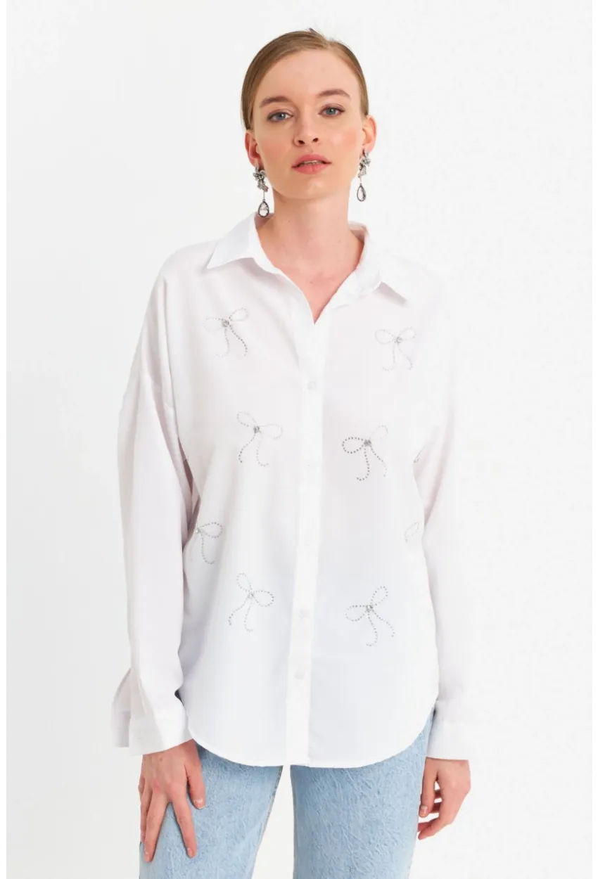 Kadın Beyaz Taşlı Gömlek MZER426
