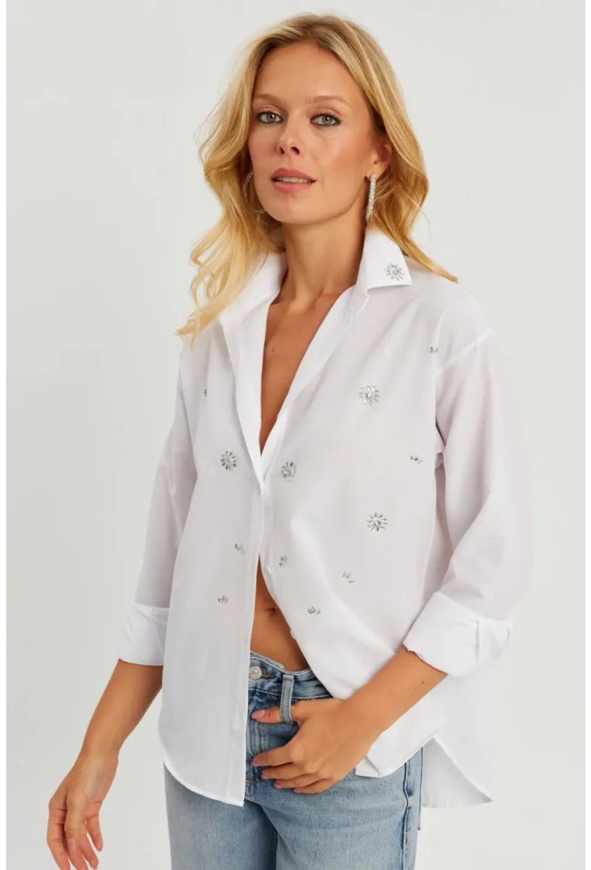 Kadın Beyaz Taşlı Gömlek SF2550