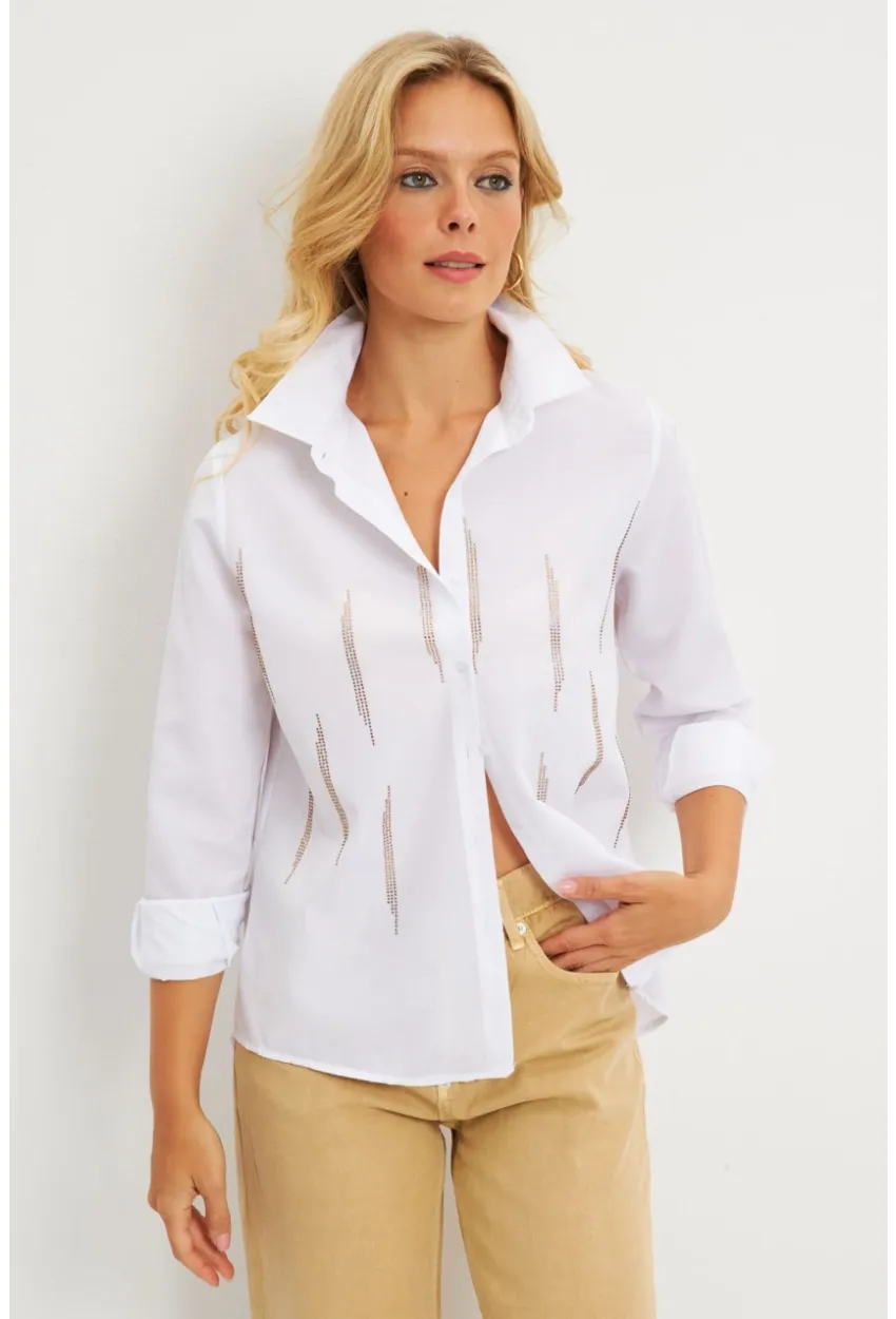 Kadın Beyaz Taşlı Gömlek ZER404