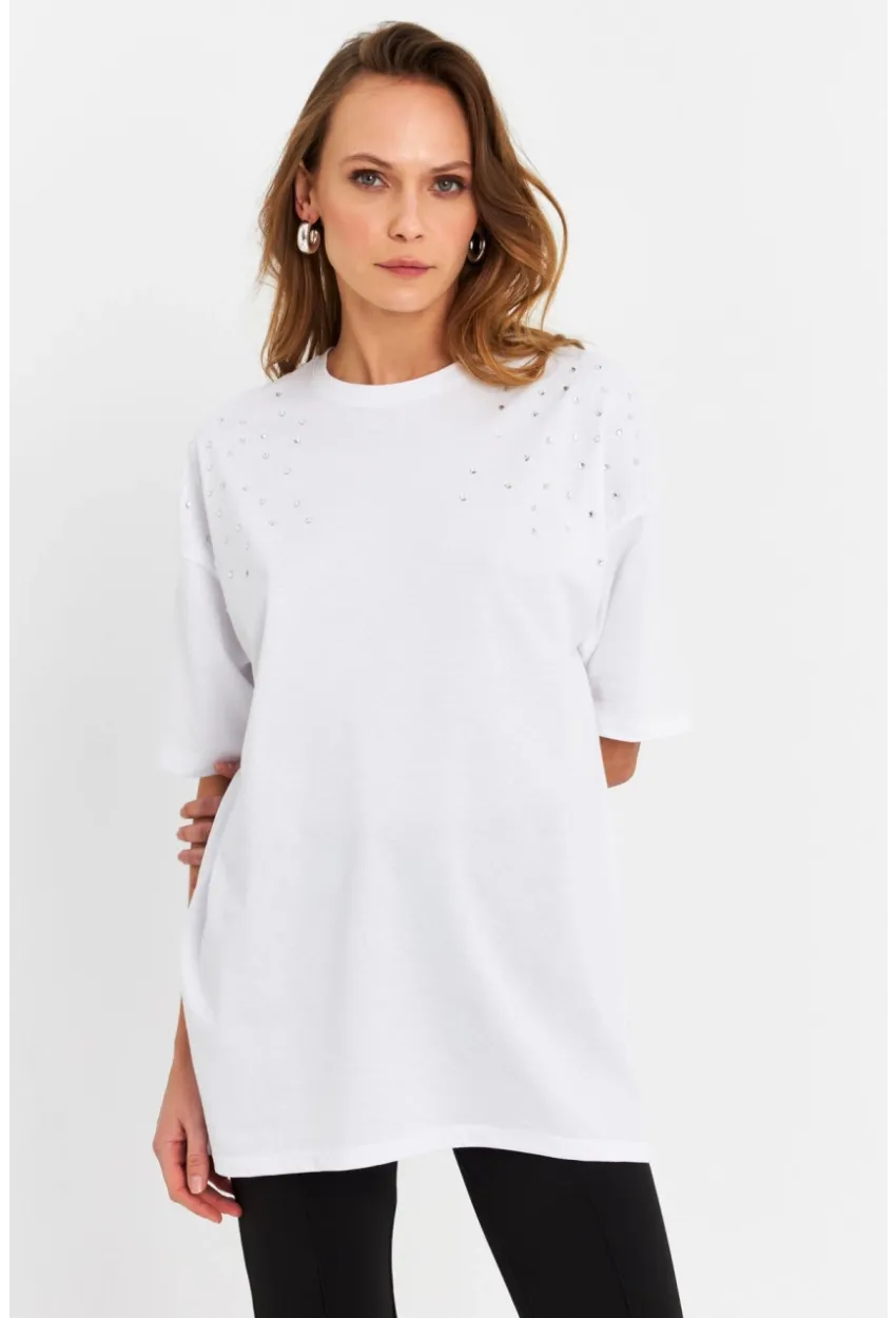 Kadın Beyaz Taşlı Salaş T-Shirt MTF0002