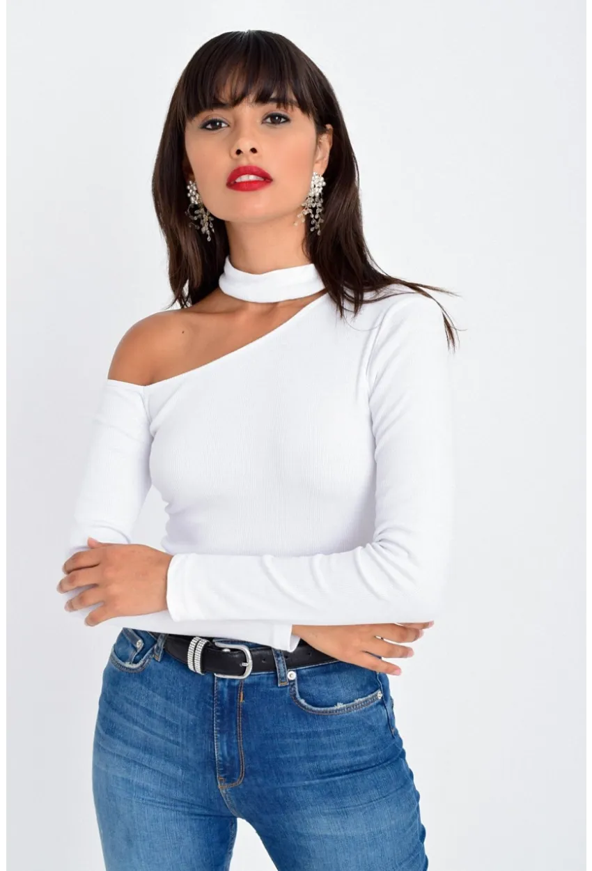 Kadın Beyaz Tek Omuz Bluz Kaşkorse CG53