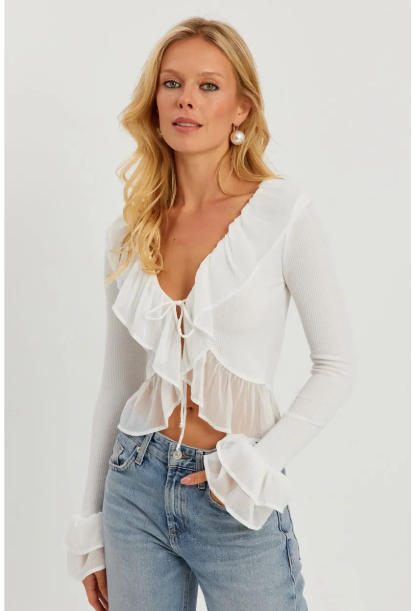 Kadın Beyaz Tül Detaylı Fırfırlı Hırka AYD313