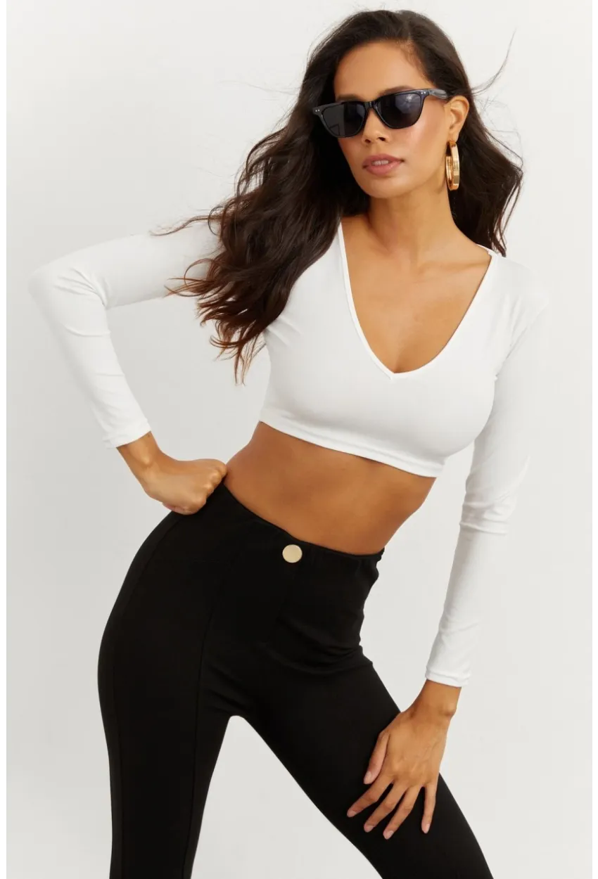 Kadın Beyaz V Yaka Crop Bluz CG265