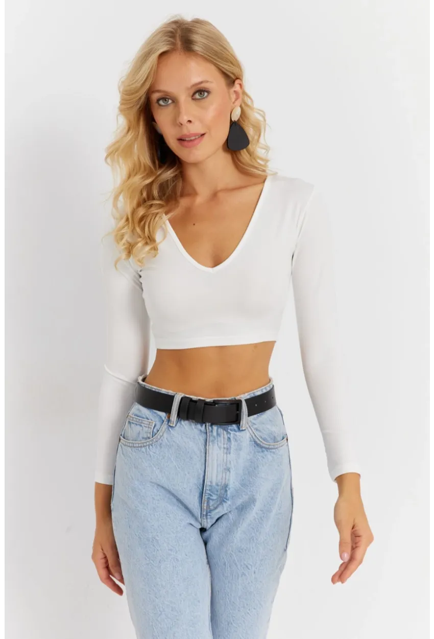 Kadın Beyaz V Yaka Crop Bluz CG368