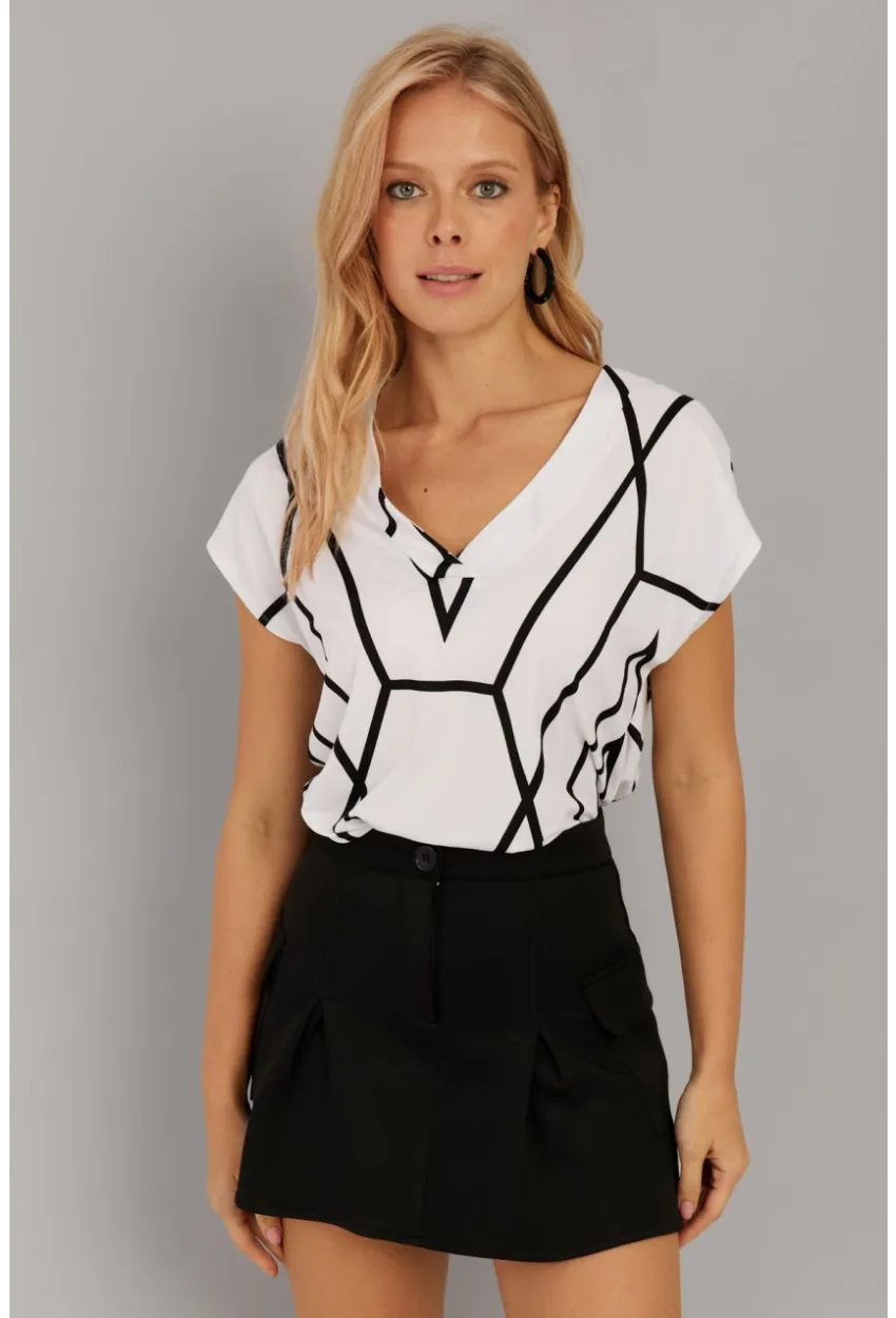Kadın Beyaz V Yaka Desenli Bluz AYD293