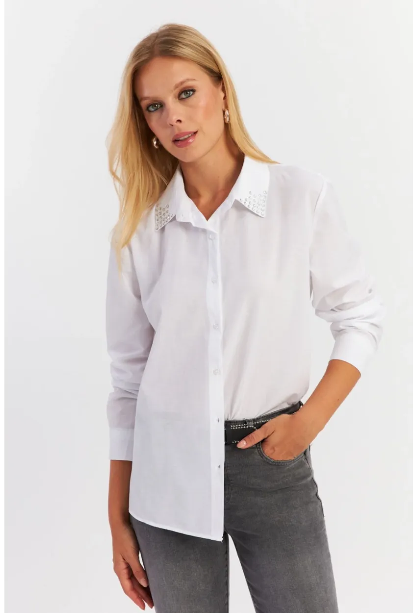 Kadın Beyaz Yakası Taşlı Gömlek MZER413