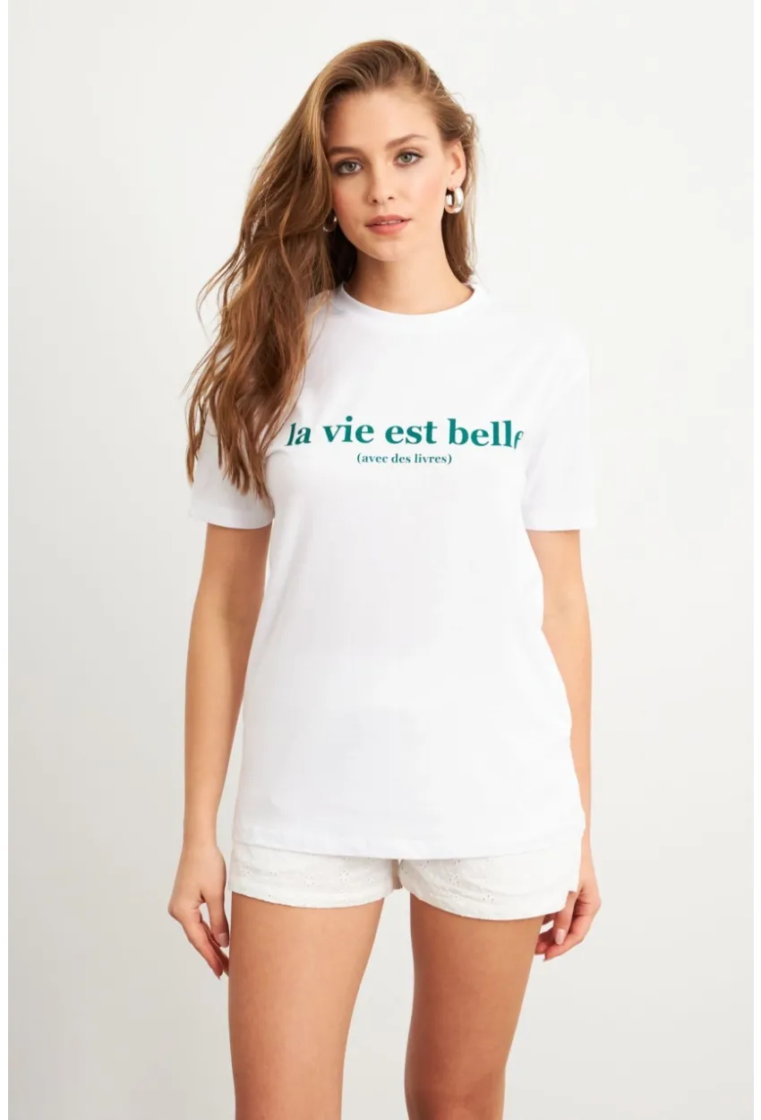 Kadın Beyaz-Yeşil Baskılı Pijama T-Shirt AYD411