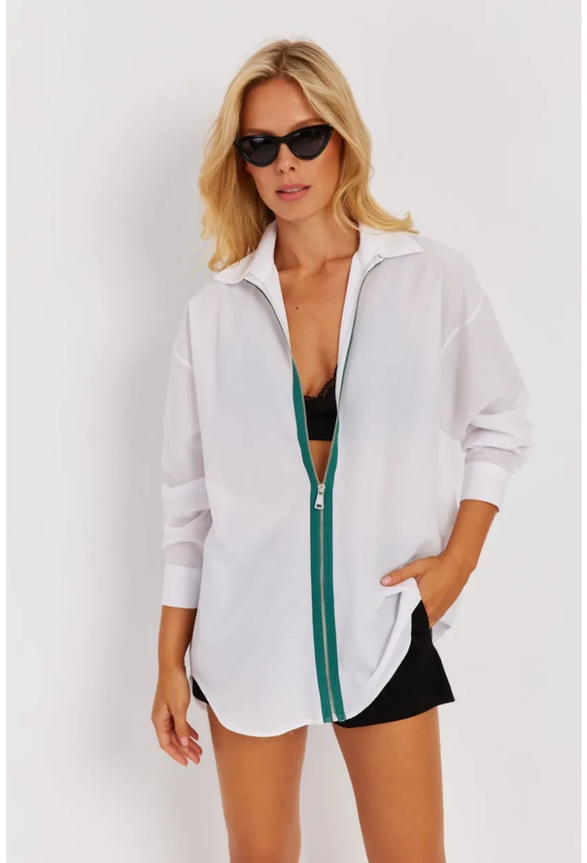 Kadın Beyaz Yeşil Fermuarlı Uzun Gömlek SF1317