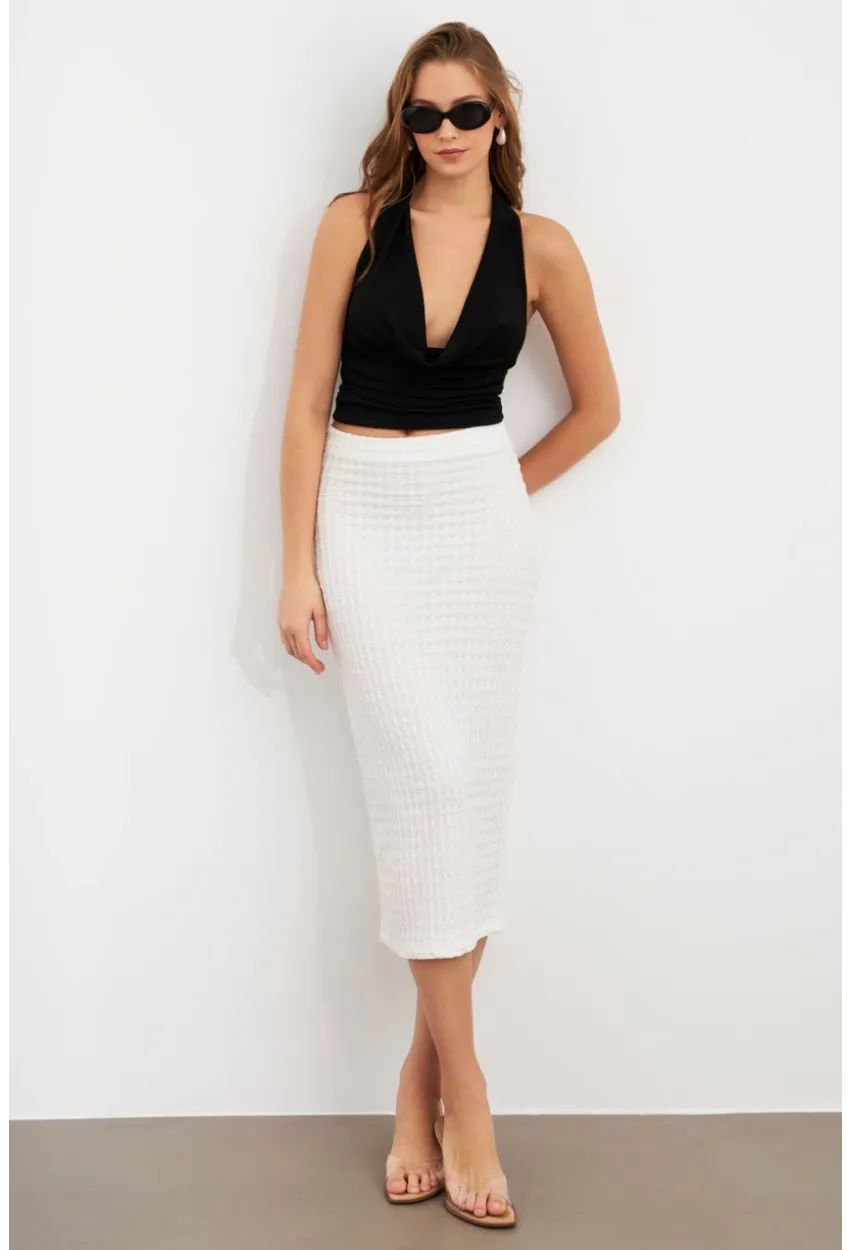 Kadın Beyaz Yırtmaçlı Bürümcük Midi Etek ZH329