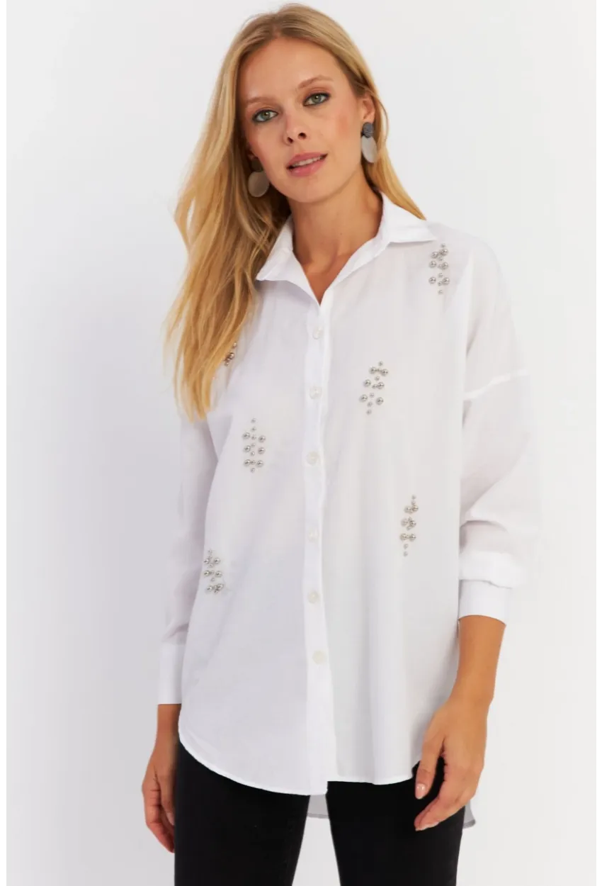 Kadın Beyaz Zımbalı Gömlek MASF1