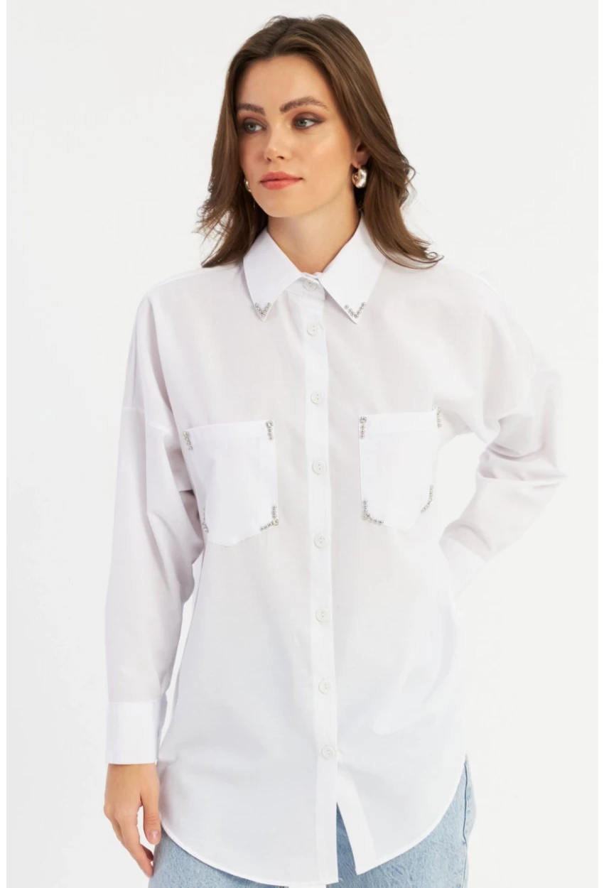 Kadın Beyaz Zımbalı Gömlek MASF2